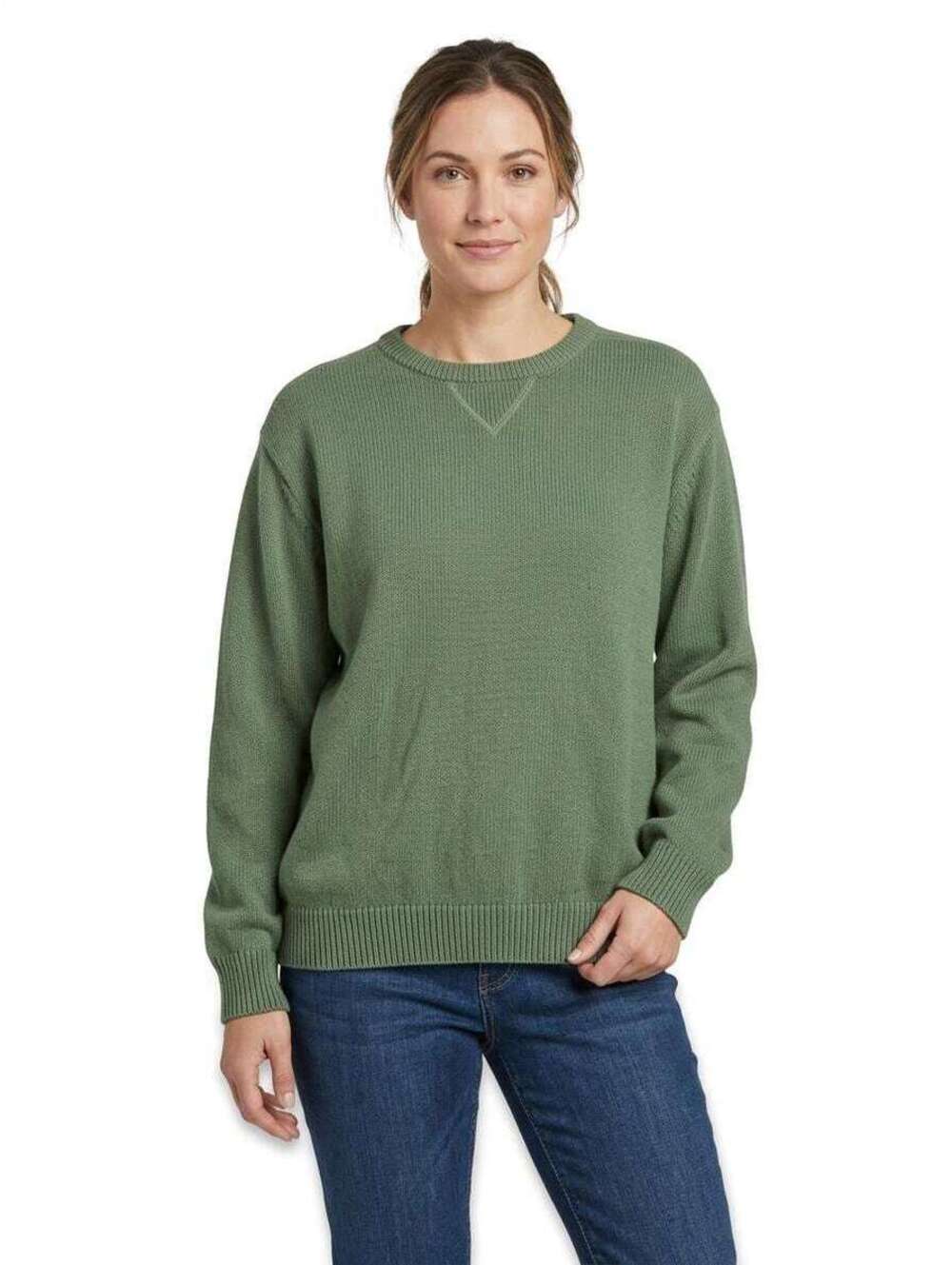Croft Barrow Green Knit Sweater Women 100 Cotton Pullover Crewneck Ribbed SZ L